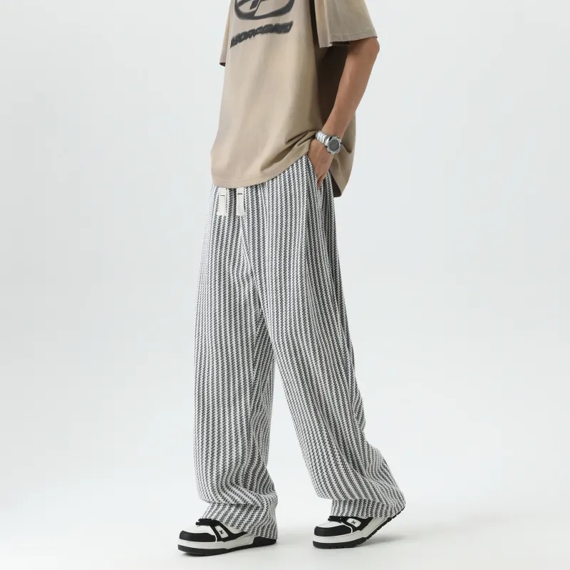 HOKLV Casual Pants Unisex Black White Stripes-4