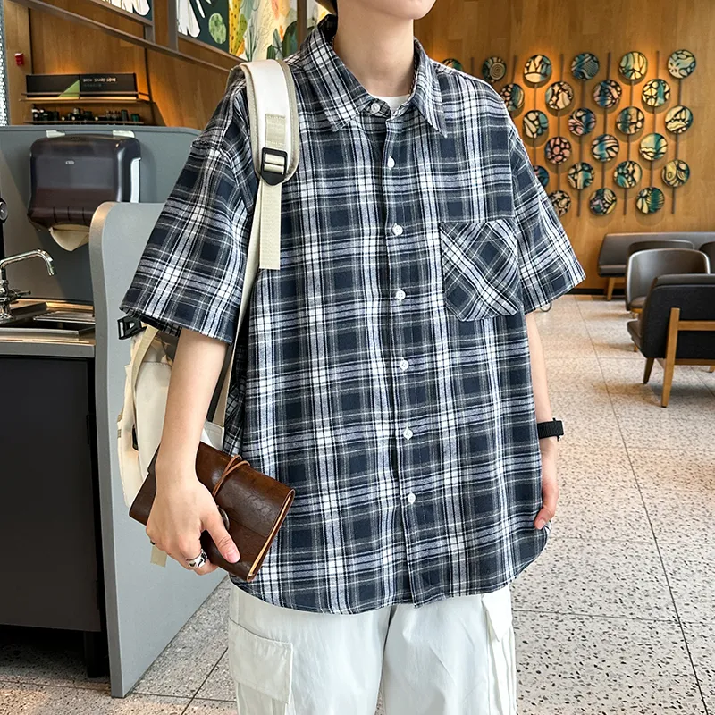 HOKLV Shirts Unisex Navy Blue Plaid-6