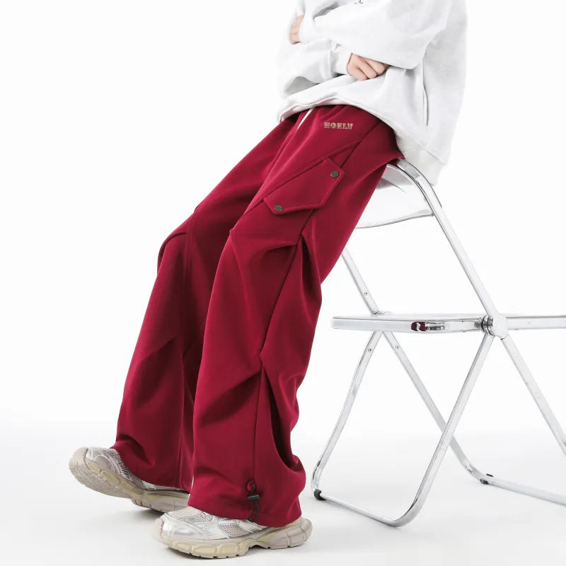 HOKLV Knitted Sports Pants Unisex Burgundy-5