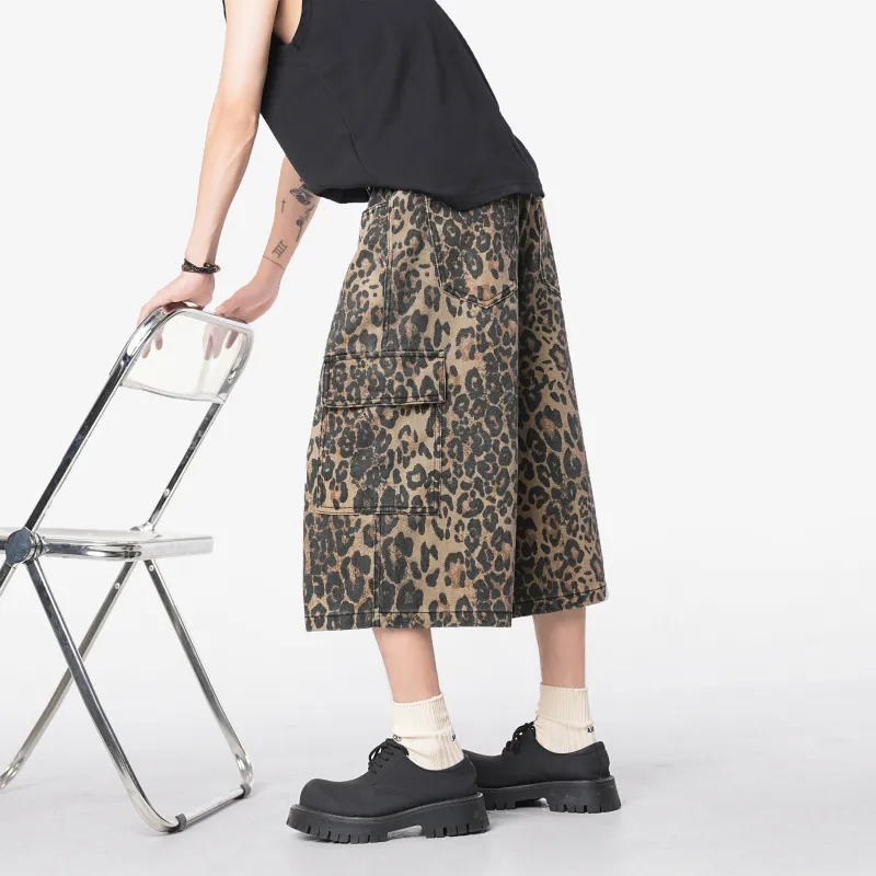 Lulifama Denim Shorts Unisex Leopard Print-4