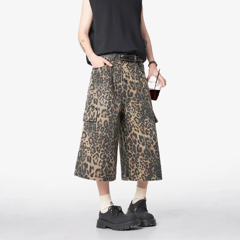 Lulifama Denim Shorts Unisex Leopard Print-3