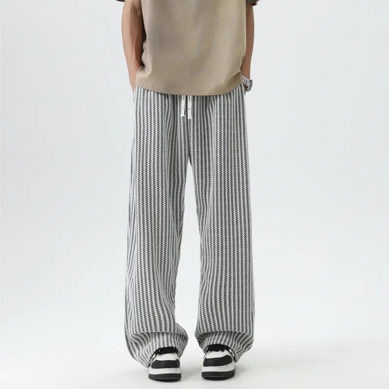 HOKLV Casual Pants Unisex Black White Stripes-2