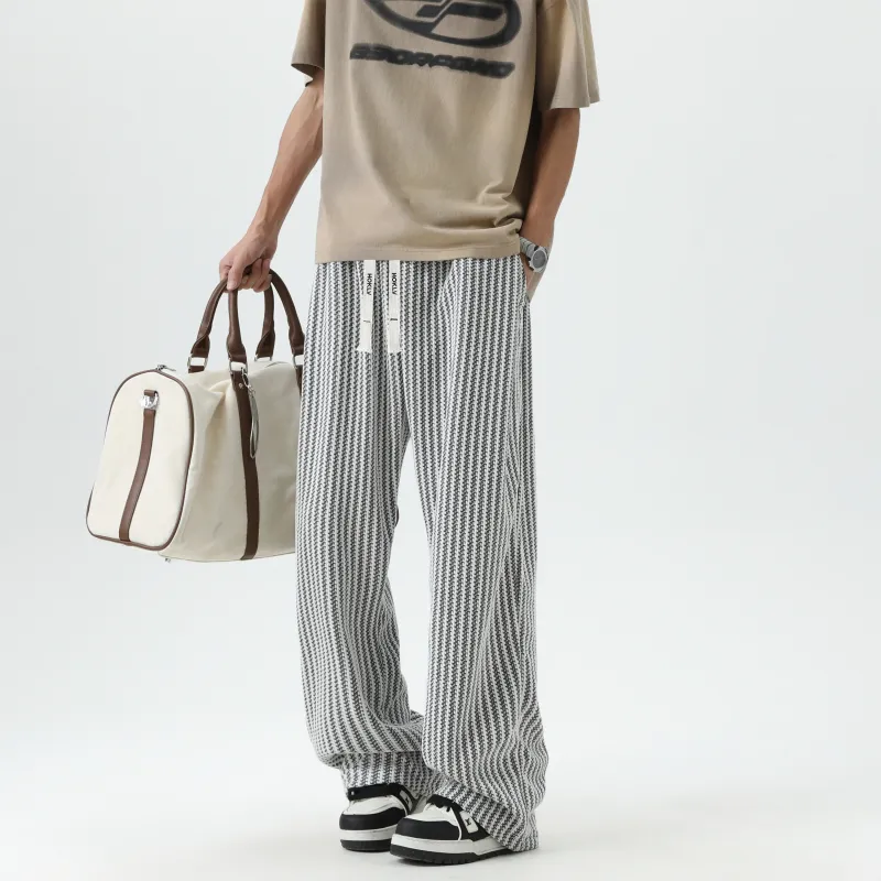HOKLV Casual Pants Unisex Black White Stripes-3