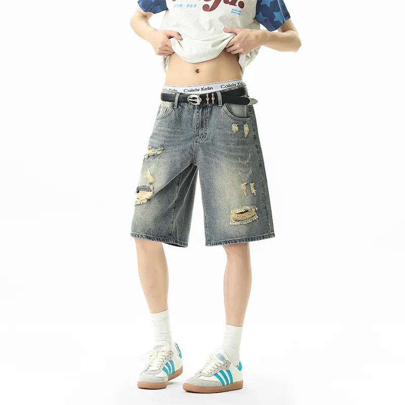 HOKLV Denim Shorts Unisex Nostalgic Blue-5