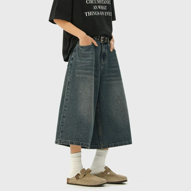 HOKLV Denim Shorts Unisex Vintage Blue-22