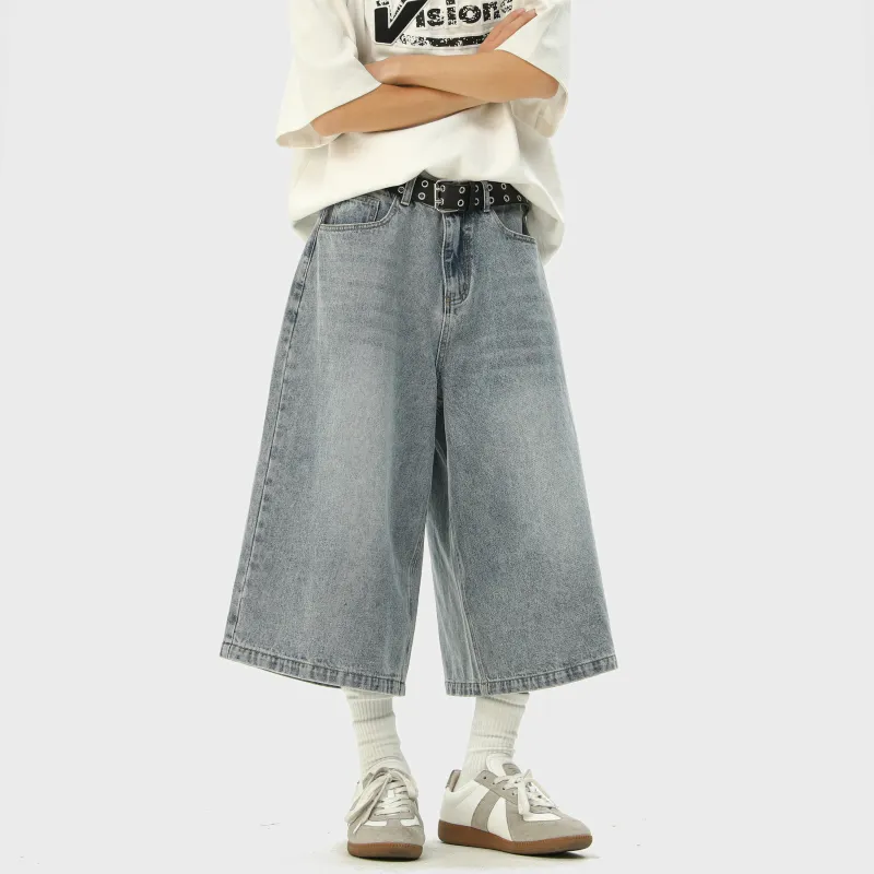 HOKLV Denim Shorts Unisex Vintage Blue-26