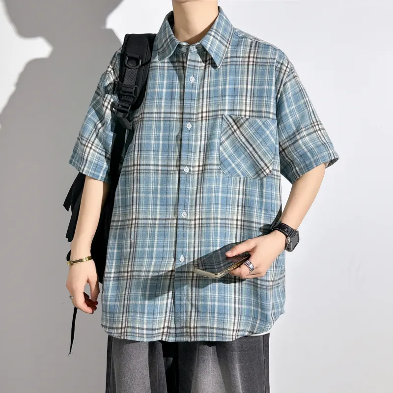 HOKLV Shirts Unisex Blue White Plaid-4