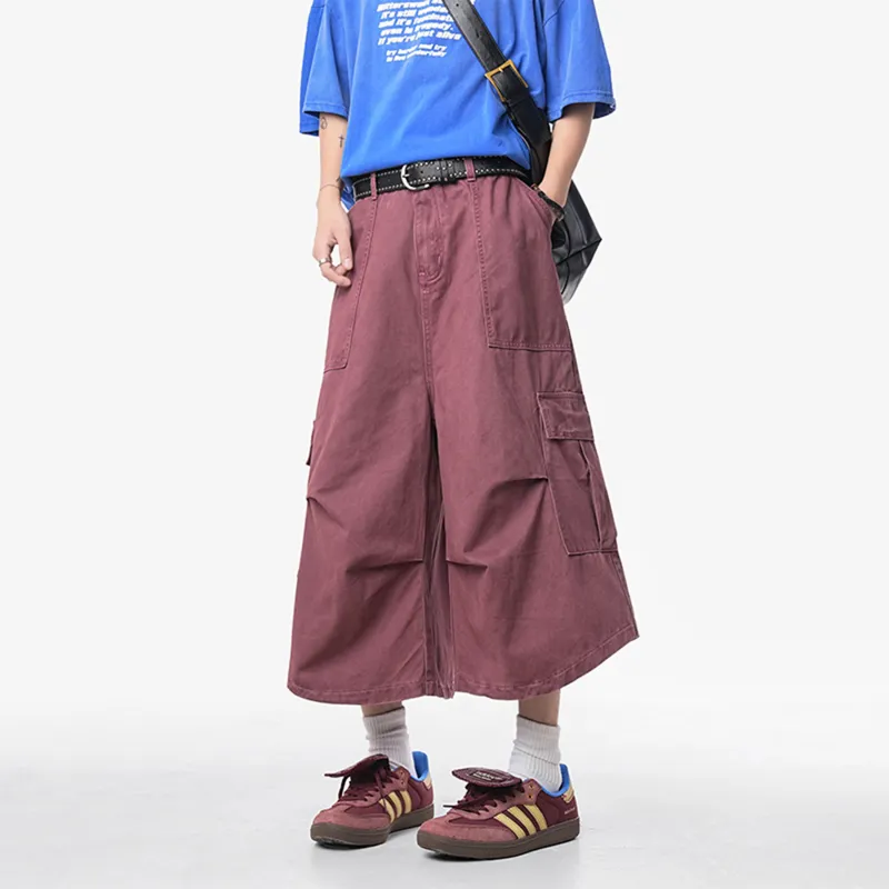 HOKLV Denim Shorts Unisex Burgundy-2