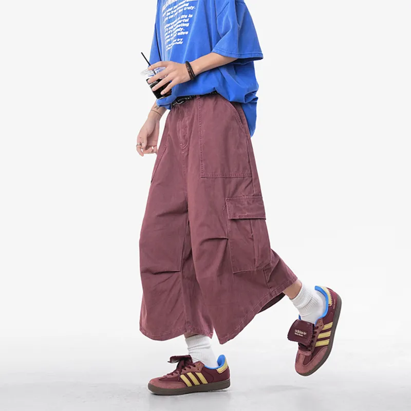 HOKLV Denim Shorts Unisex Burgundy-5