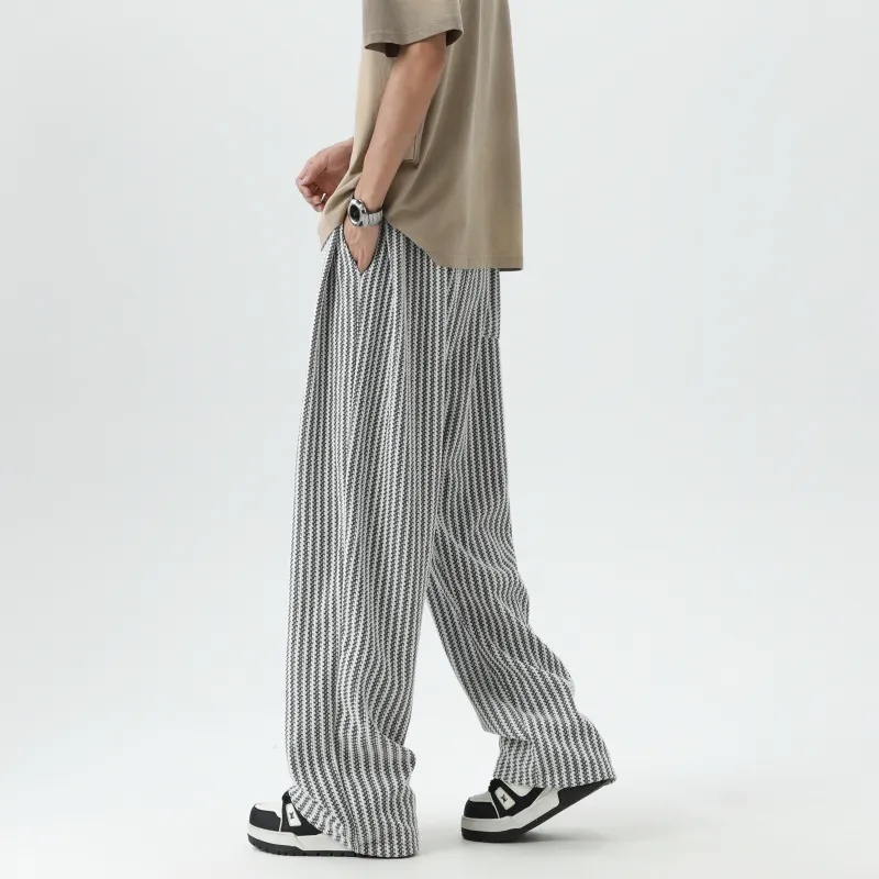 HOKLV Casual Pants Unisex Black White Stripes-5