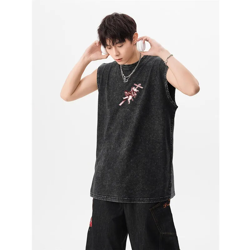HOKLV Tank Tops Unisex Washed Black-3