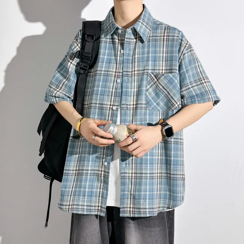 HOKLV Shirts Unisex Blue White Plaid-1