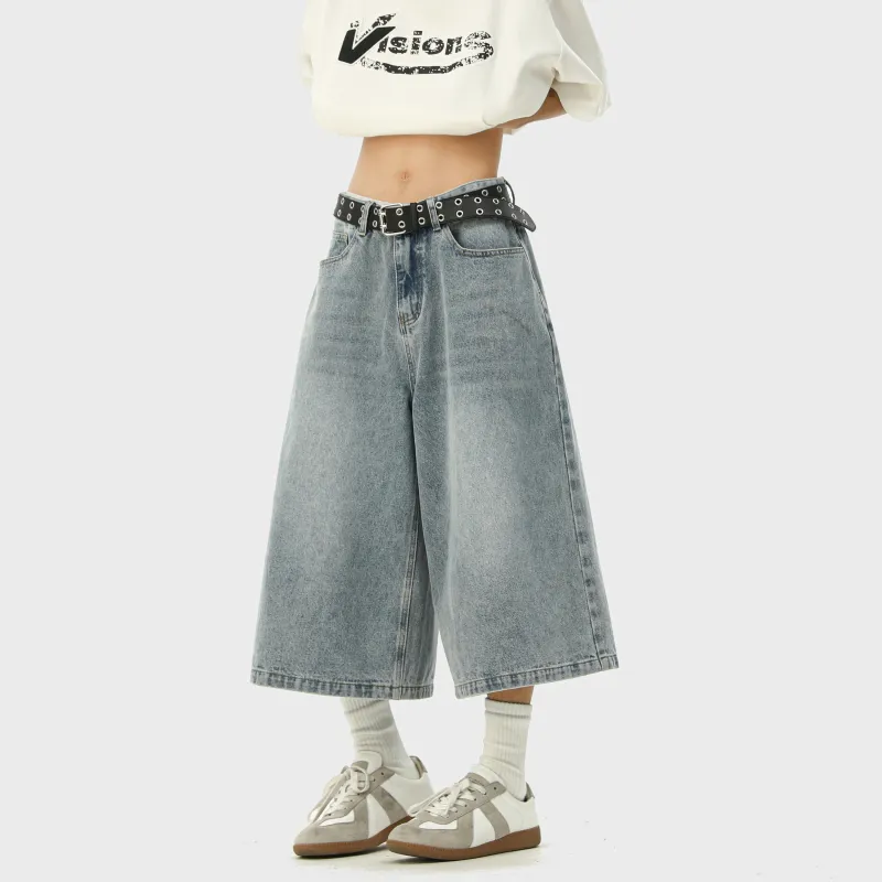 HOKLV Denim Shorts Unisex Vintage Blue-28