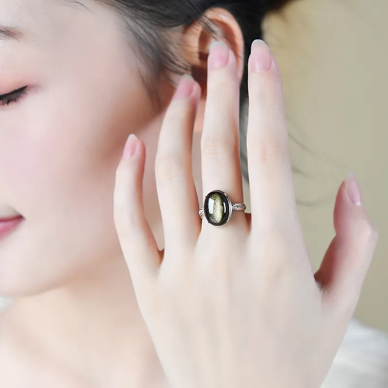 Lingfei Natural Obsidian Rings Unisex-3