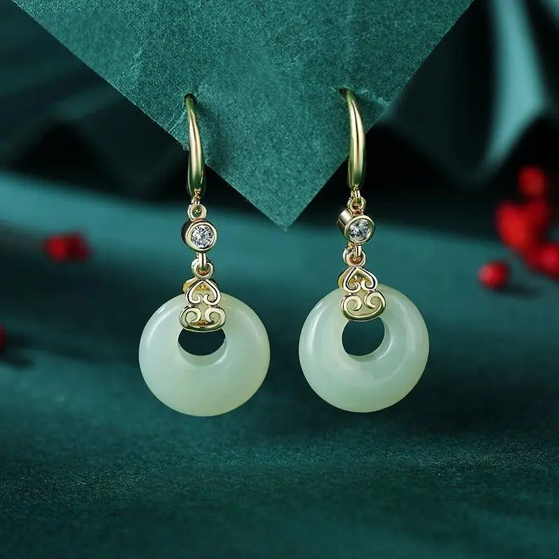 Mu Yao Hetian Jade Earrings Pale Greenish White Jade Women's-1