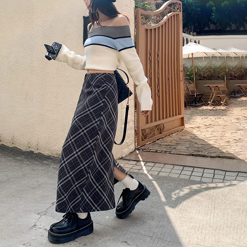 MKBY Knit Long Skirts Women's Plaid-3