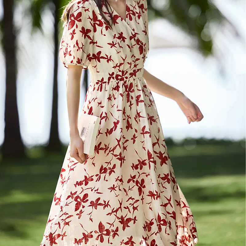 MKBY Short Sleeved Dress Women's Light Beige With Red Flower Print-2