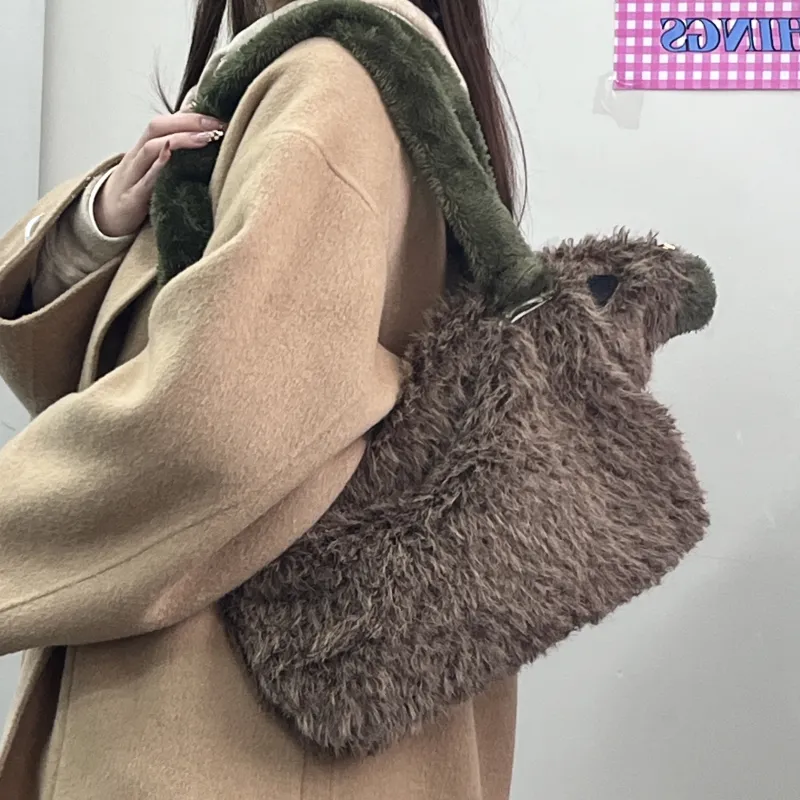 Bywhich Plush Tote Shoulder Bag Handbag Large Size Women's Brown-1