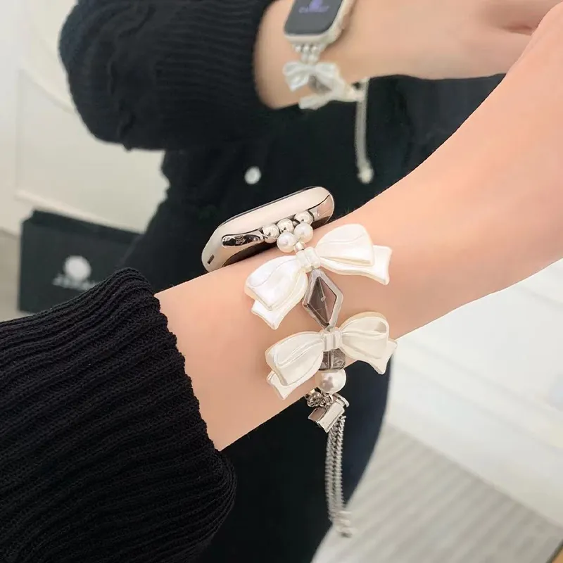 VIVIWELL Watch Band Niche Premium Ambient Compatibility Apple Watch 8/9/SE Satin Bowknot Pearl Strap Unisex-1