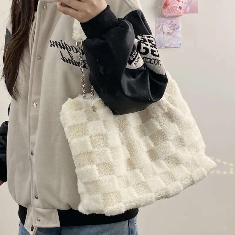 Bywhich Plush Totes Handbag Shoulder Bag Large Size Women's White-2