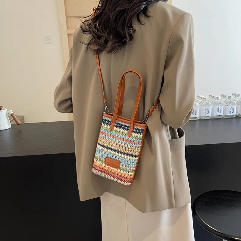 Bywhich Straw Woven With PU Leather Shoulder Bag Crossbody Bag Handbag Regular Women's Brown-1