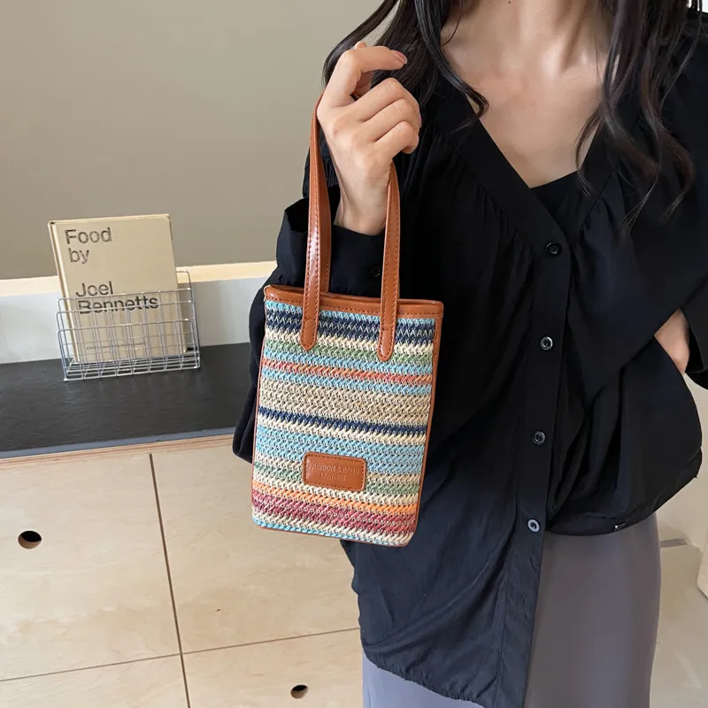 Bywhich Straw Woven With PU Leather Shoulder Bag Crossbody Bag Handbag Regular Women's Brown-2