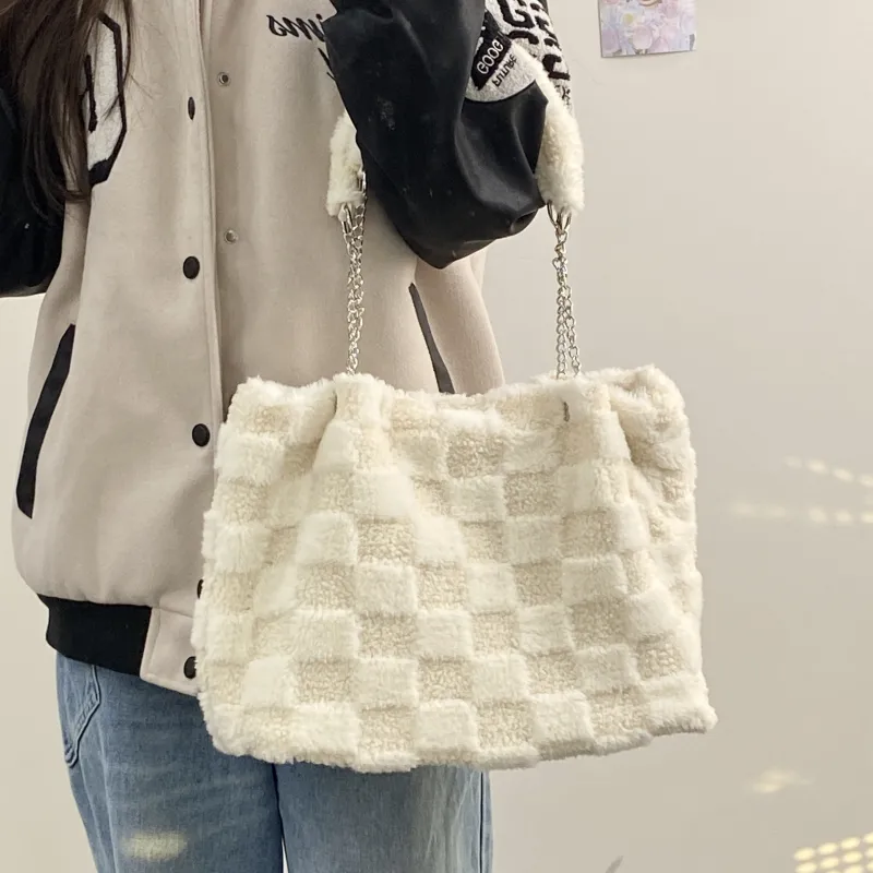 Bywhich Plush Totes Handbag Shoulder Bag Large Size Women's White-3