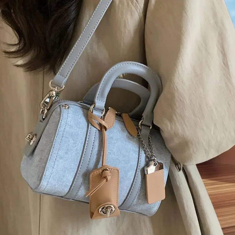 Bywhich PU Boston Bag, Shoulder Bag, Crossbody Bag, Handbag Regular Women's Ecru/Blue-3