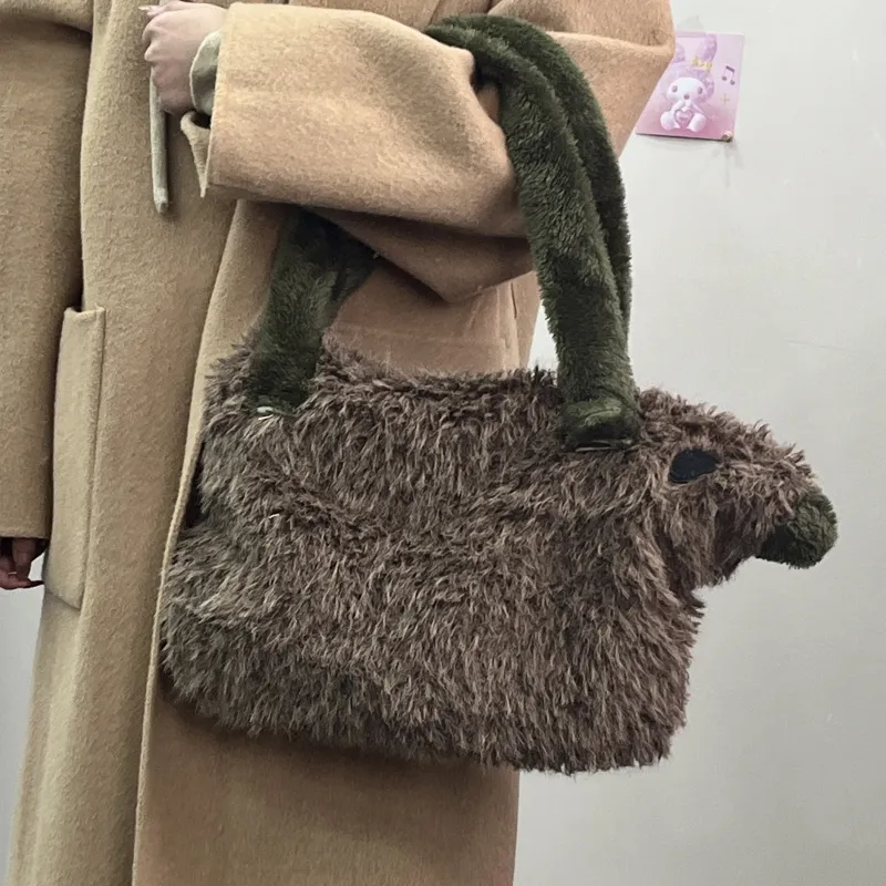 Bywhich Plush Tote Shoulder Bag Handbag Large Size Women's Brown-3