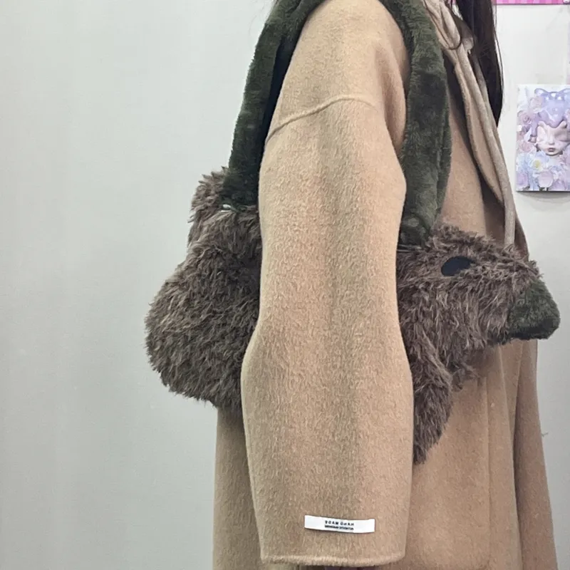 Bywhich Plush Tote Shoulder Bag Handbag Large Size Women's Brown-2