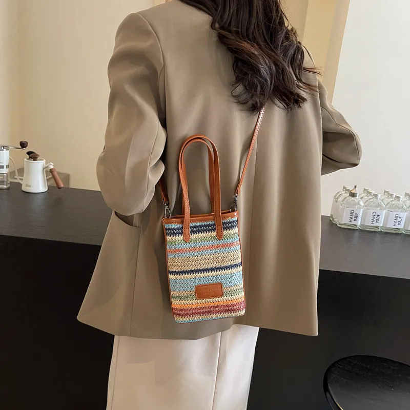 Bywhich Straw Woven With PU Leather Shoulder Bag Crossbody Bag Handbag Regular Women's Brown-3