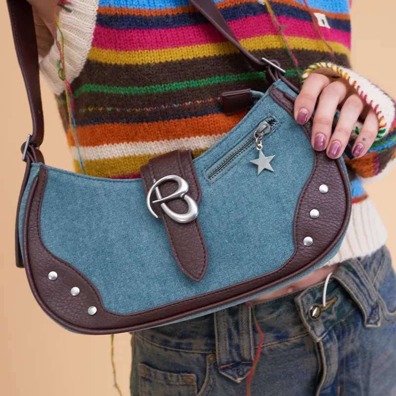 Bywhich Denim With Artificial Leather Shoulder Bag Shoulder Bag Regular Women's Blue-2