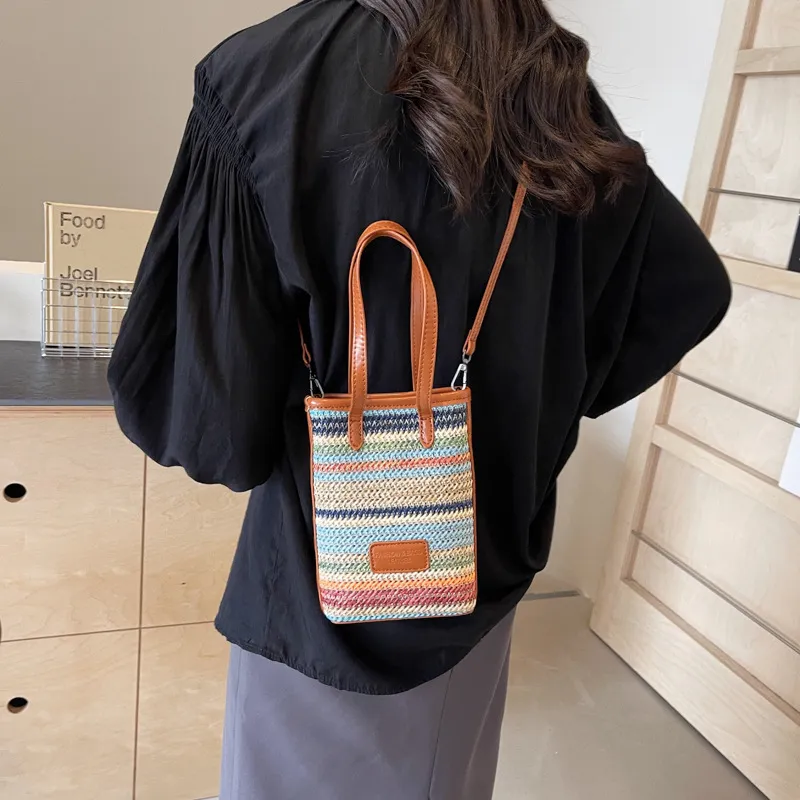 Bywhich Straw Woven With PU Leather Shoulder Bag Crossbody Bag Handbag Regular Women's Brown-4