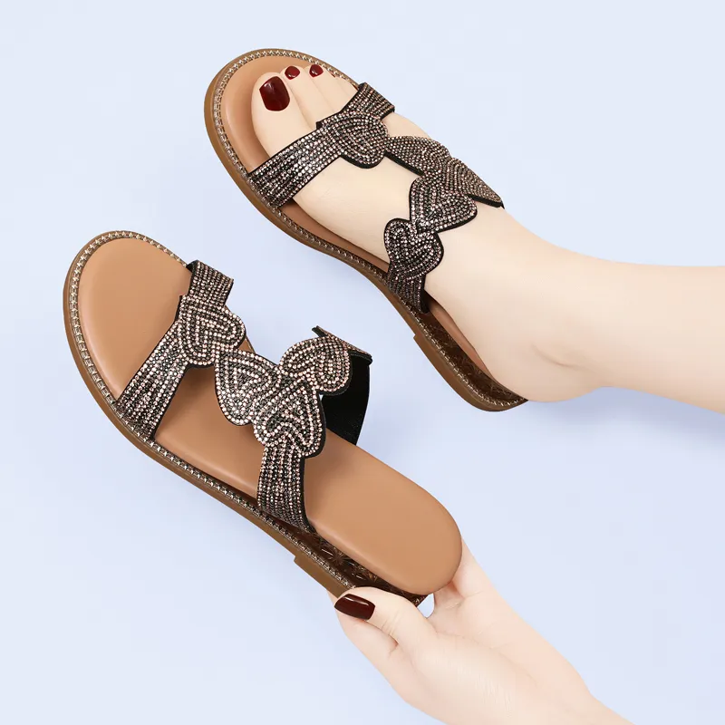 Golden Silk Rabbit Rubber Sole Rhinestone Quiet Slip Resistant Slide Slippers Women's-3