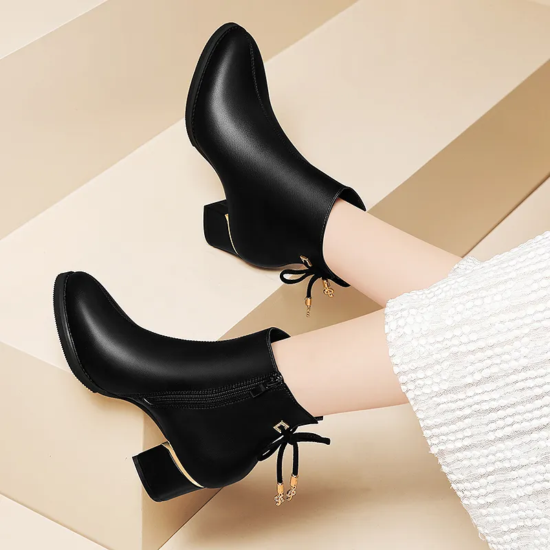 Golden Silk Rabbit Ankle Boots Women's Black-3