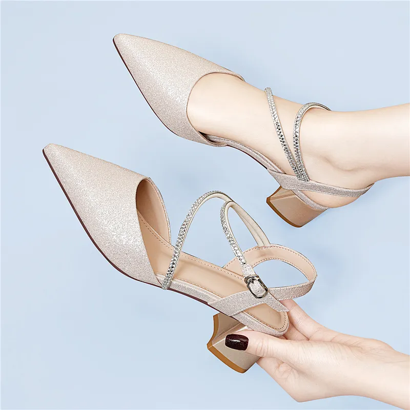 Golden Silk Rabbit Chunky Heel High Heels Women's-5