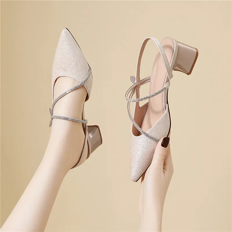 Golden Silk Rabbit Chunky Heel High Heels Women's-6