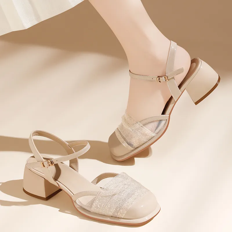 Golden Silk Rabbit Chunky Heel High Heels 5.5cm Women's-12