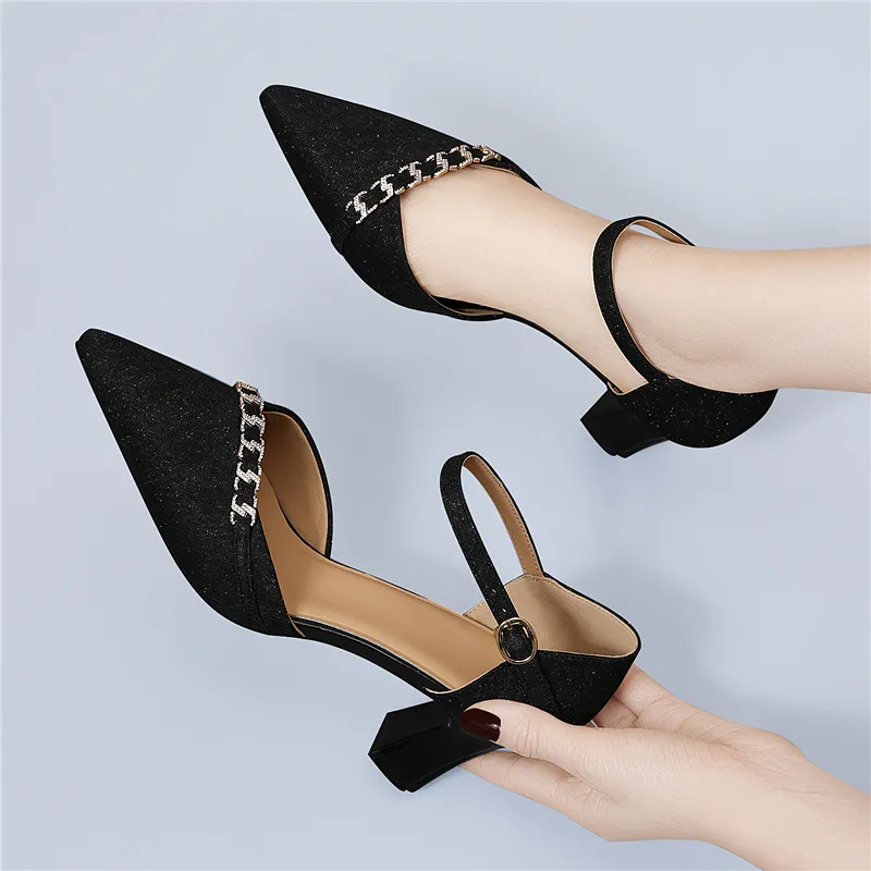 Golden Silk Rabbit Chunky Heel High Heels Women's-5
