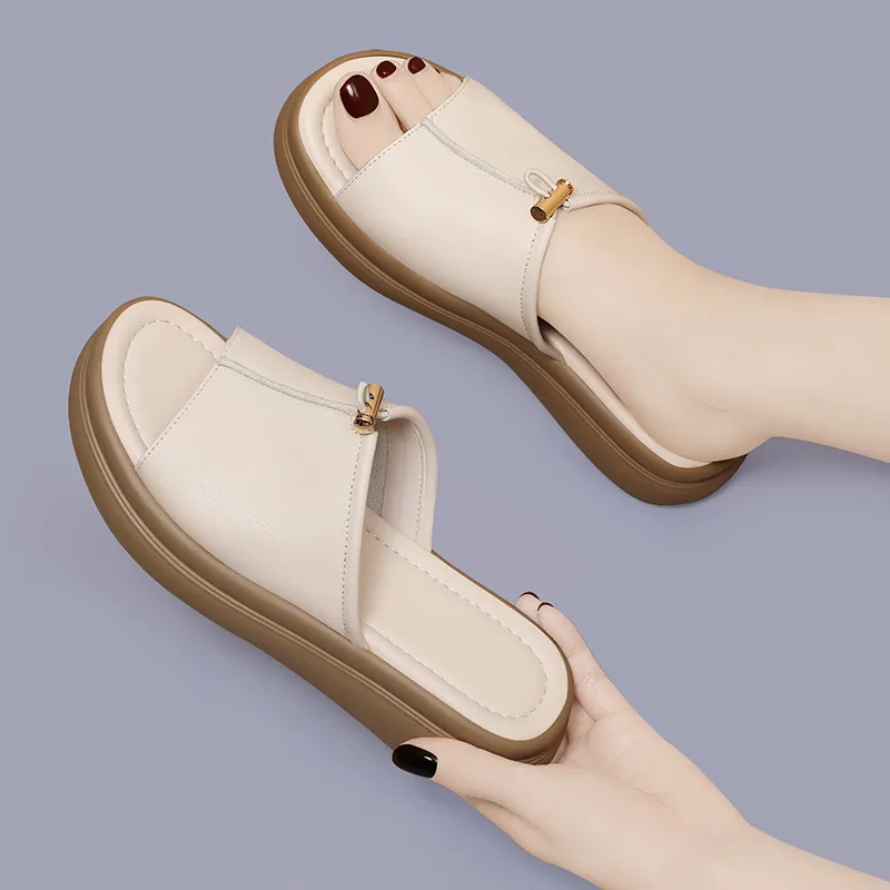 Golden Silk Rabbit PU Polyurethane Leather Patchwork Slide Slippers Women's-12