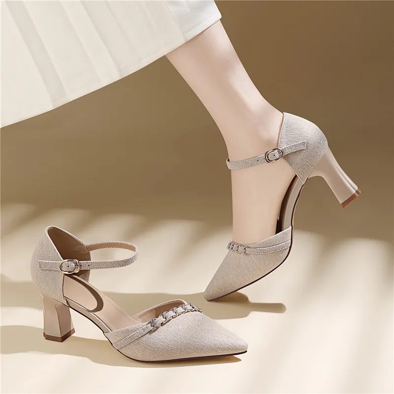 Golden Silk Rabbit Chunky Heel High Heels Women's-10