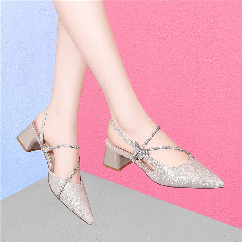 Golden Silk Rabbit Chunky Heel High Heels Women's-2