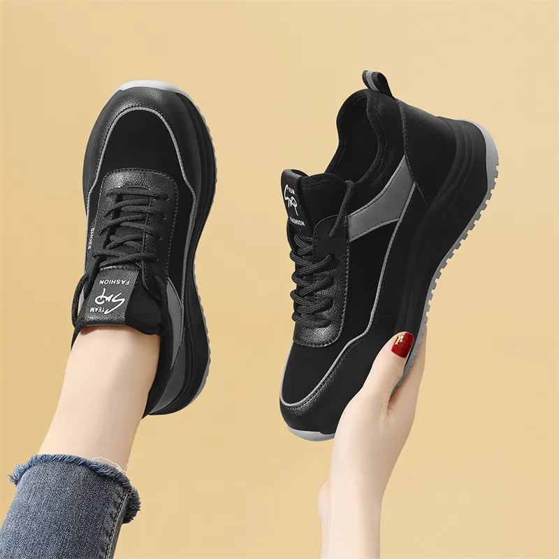 Golden Silk Rabbit Lightweight And Breathable Low-Top Chunky Sneakers Women's Black-14
