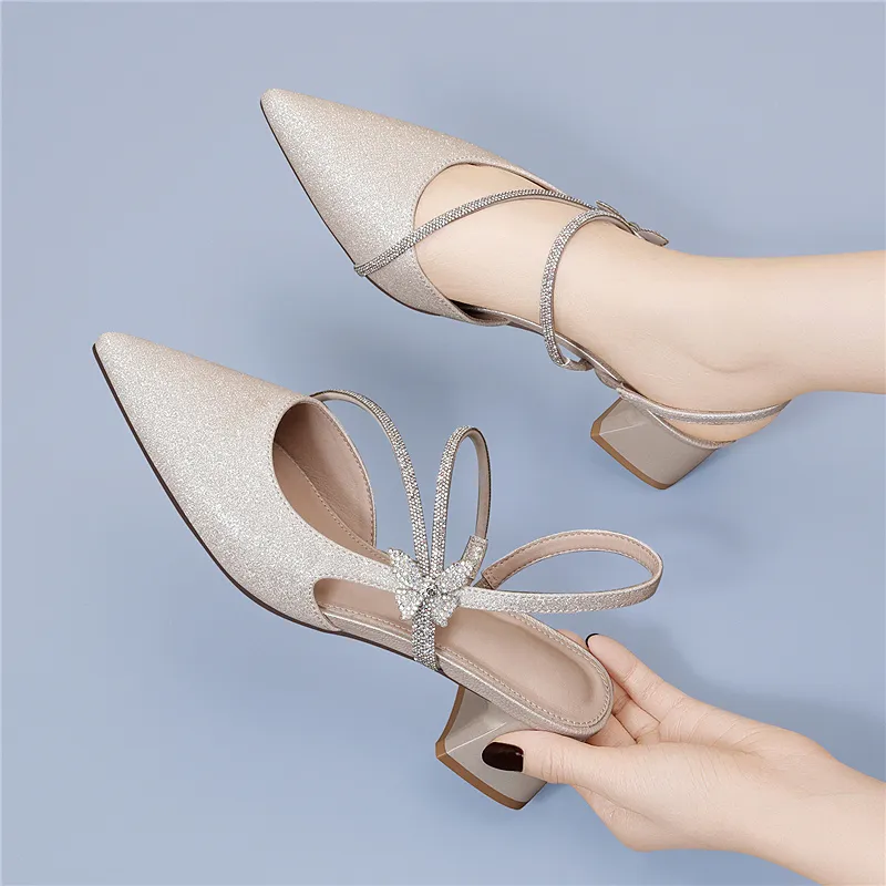 Golden Silk Rabbit Chunky Heel High Heels Women's-9