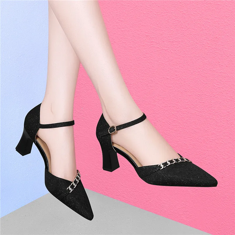 Golden Silk Rabbit Chunky Heel High Heels Women's-2