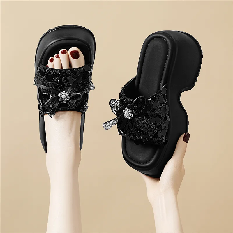 Golden Silk Rabbit Sequins Slip Resistant Abrasion Resistant Quick Dry Slide Slippers Women's-4