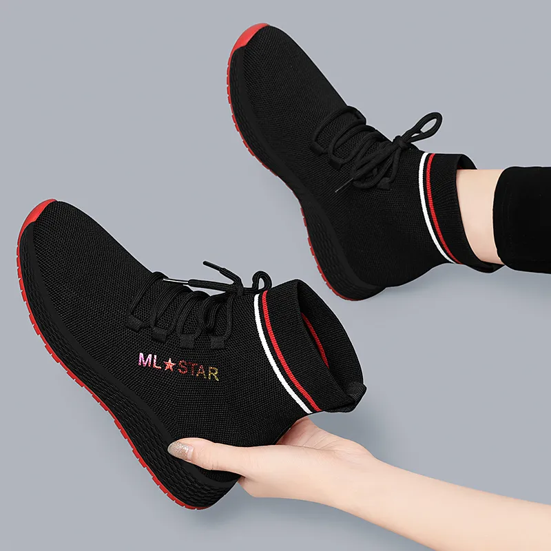 Golden Silk Rabbit High-Top Casual Shoes 3cm Women's Black Red-1
