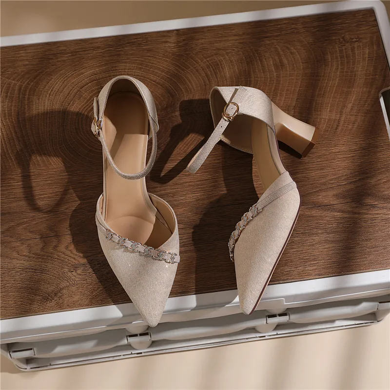 Golden Silk Rabbit Chunky Heel High Heels Women's-8