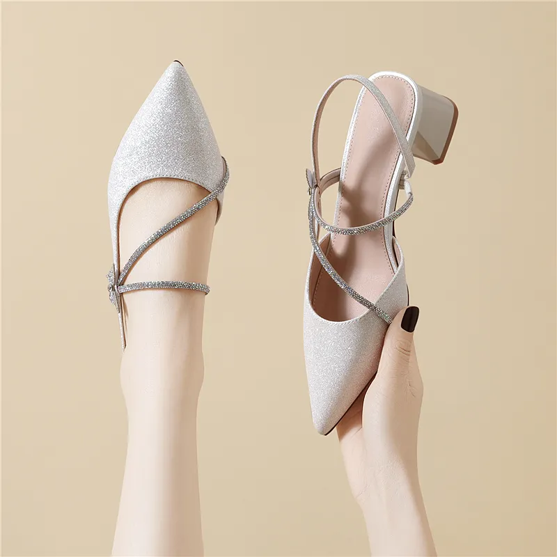 Golden Silk Rabbit Chunky Heel High Heels Women's-13