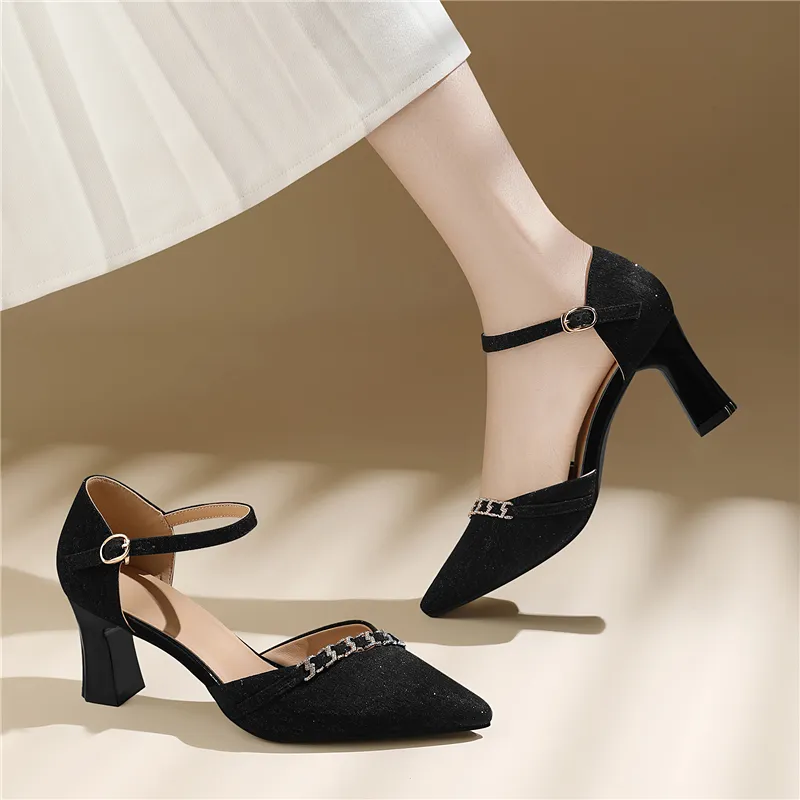 Golden Silk Rabbit Chunky Heel High Heels Women's-4